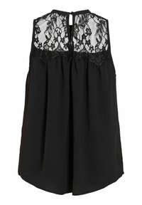 Blusa negra sin mangas con canesú de encaje floral en la parte superior de la espalda y cierre con botón tipo ojo de cerradura.