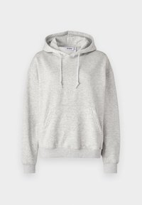 Light gray hooded sweatshirt made of soft cotton blend fabric. Features a front pocket, drawstring hood, and ribbed cuffs and hem.