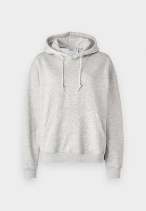 Heled hall kapuutsweater, mis on valmistatud pehmest puuvillase segu kangast. Omab esist pockets, nööriga kapuutsi ja soonikkantidega varrukaid ning ääri.