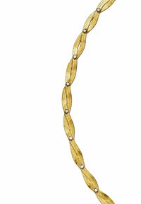 Gouden ketting met verwoven schakels met een textuur oppervlak, verfraaid met kleine, ronde, heldere edelsteentjes die gelijkmatig verdeeld zijn.