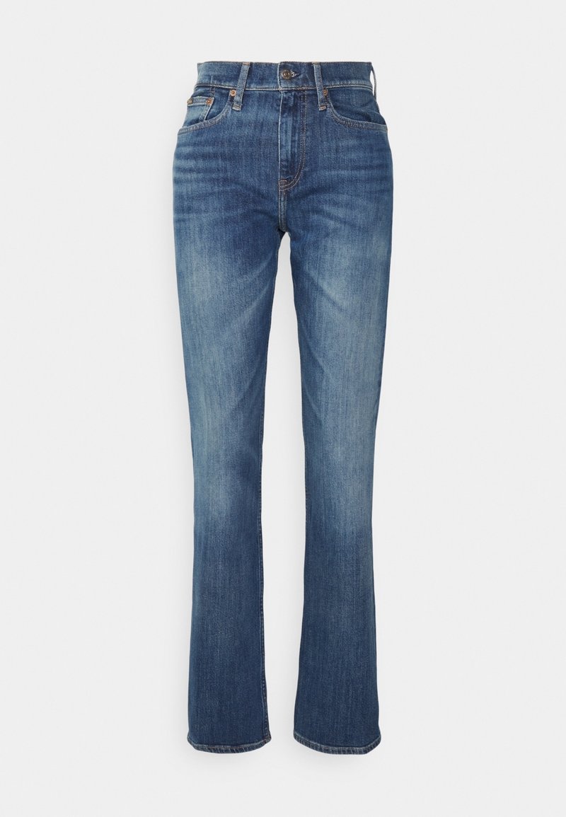 Jean en denim bleu taille haute, coupe droite, bouton à l'avant et détails de poche sur fond blanc uni.