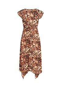 Robe midi florale marron avec motif botanique pêche et crème, manches chauve-souris, taille froncée et ourlet hi-low. Tissu léger.