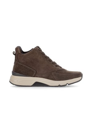 Brown suede high-top sneaker with beige sole, lace-up front, and black tread, viewed from the outer side on a white background.