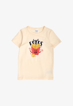 Beige short-sleeve shirt with cartoon red fries box character, yellow fries, text "french FRIES," and a "HOT" label on front.