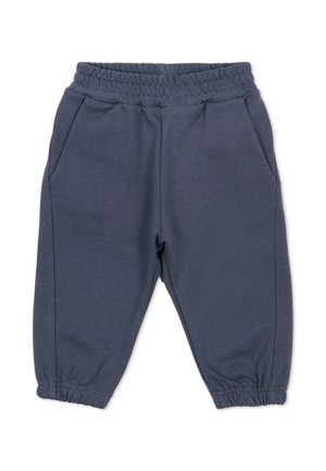 Donkerblauwe peuter joggingbroek met elastische taille en boorden bij de enkels, met zijzakken, gemaakt van zachte stof.