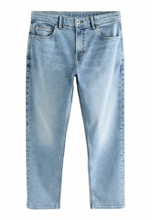 Svetlomodré slim fit džínsy s prednými vreckami, gombovým zapínaním a jemným vyblednutím na stehnách, zobrazené na plochom bielom pozadí.
