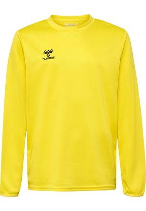 Geel sportshirt met lange mouwen van gladde stof, voorzien van een ronde halslijn en een zwart "hummel" logo op de borst.
