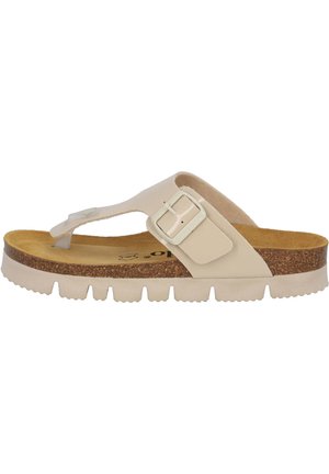 Sandale en caoutchouc beige clair avec une semelle courbée, une semelle en liège et une sangle réglable avec une boucle rectangulaire.