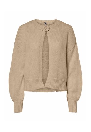 Cardigan en tricot beige clair avec un décolleté rond, un design à front ouvert, une longueur courte et des poignets côtelés avec un détail floral au niveau de la fermeture.
