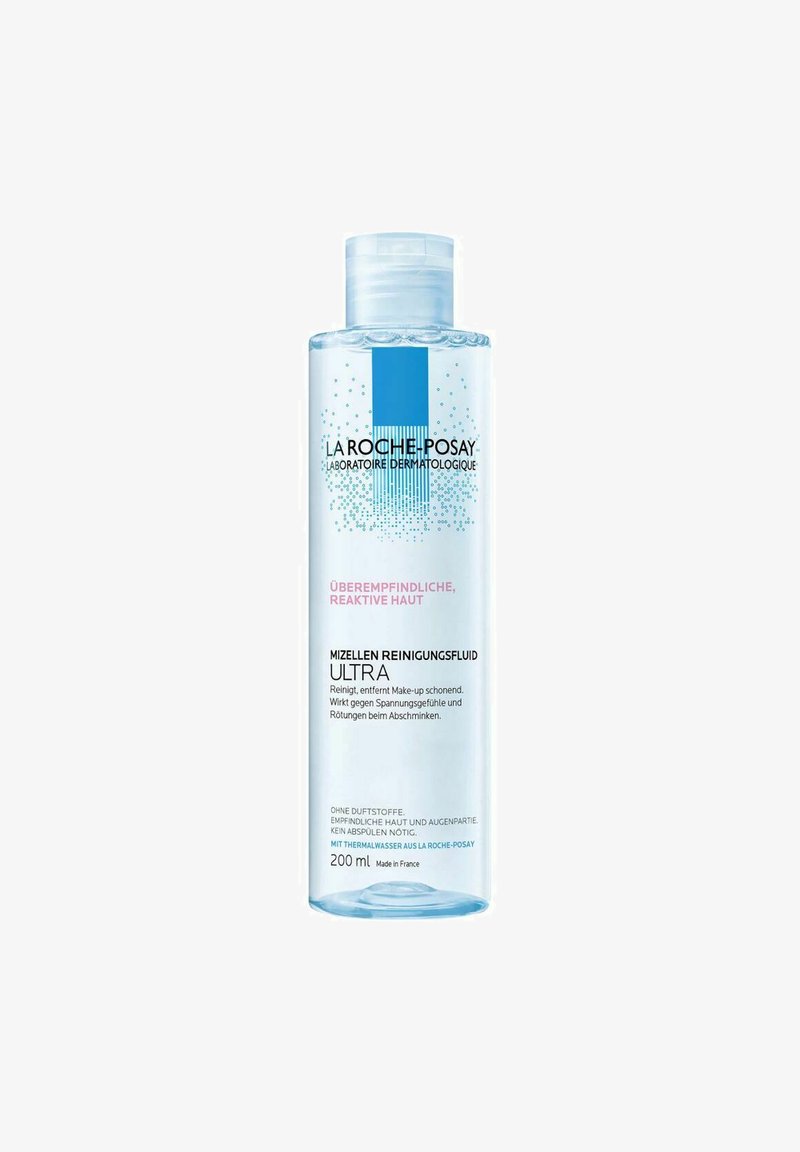 Clear plastic bottle of micellar cleansing fluid, 200 ml, with a blue cap. Features blue and white branding text. No visible texture or patterns.