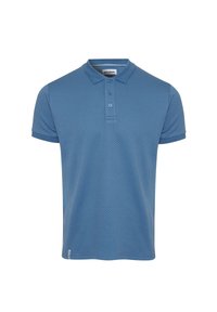 Pánská polokošile s krátkým rukávem v světle modré barvě, vyrobená z texturované látky, s polo límečkem, zapínáním na tři knoflíky a malou logovou nášivkou na spodním lemu.