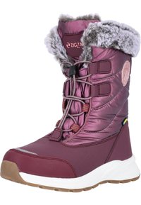 Stivaletto invernale isolato di colore viola con bordi in pelliccia sintetica, tomaia in nylon texture, chiusura con lacci, suola in gomma e decorazioni discrete sui lati.