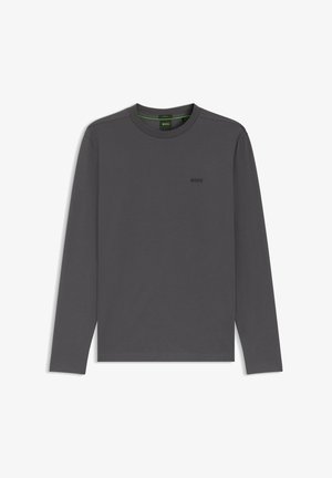Long-sleeve gray T-shirt made of soft fabric, featuring a crew neckline and a small black logo on the chest. Simple, classic design.