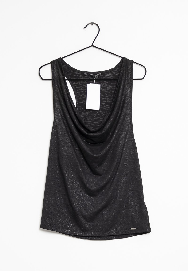 Černý bezrukávový top s drapovaným výstřihem, vyrobený z měkkého, lesklého materiálu. Obsahuje nízký design zad a je připevněn štítek.