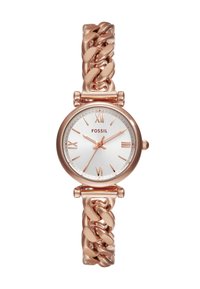 Montre en métal rose doré avec un bracelet à maillons épais. Le cadran blanc rond est orné d'index horaires en rose doré et du logo de la marque. Design simple et élégant.