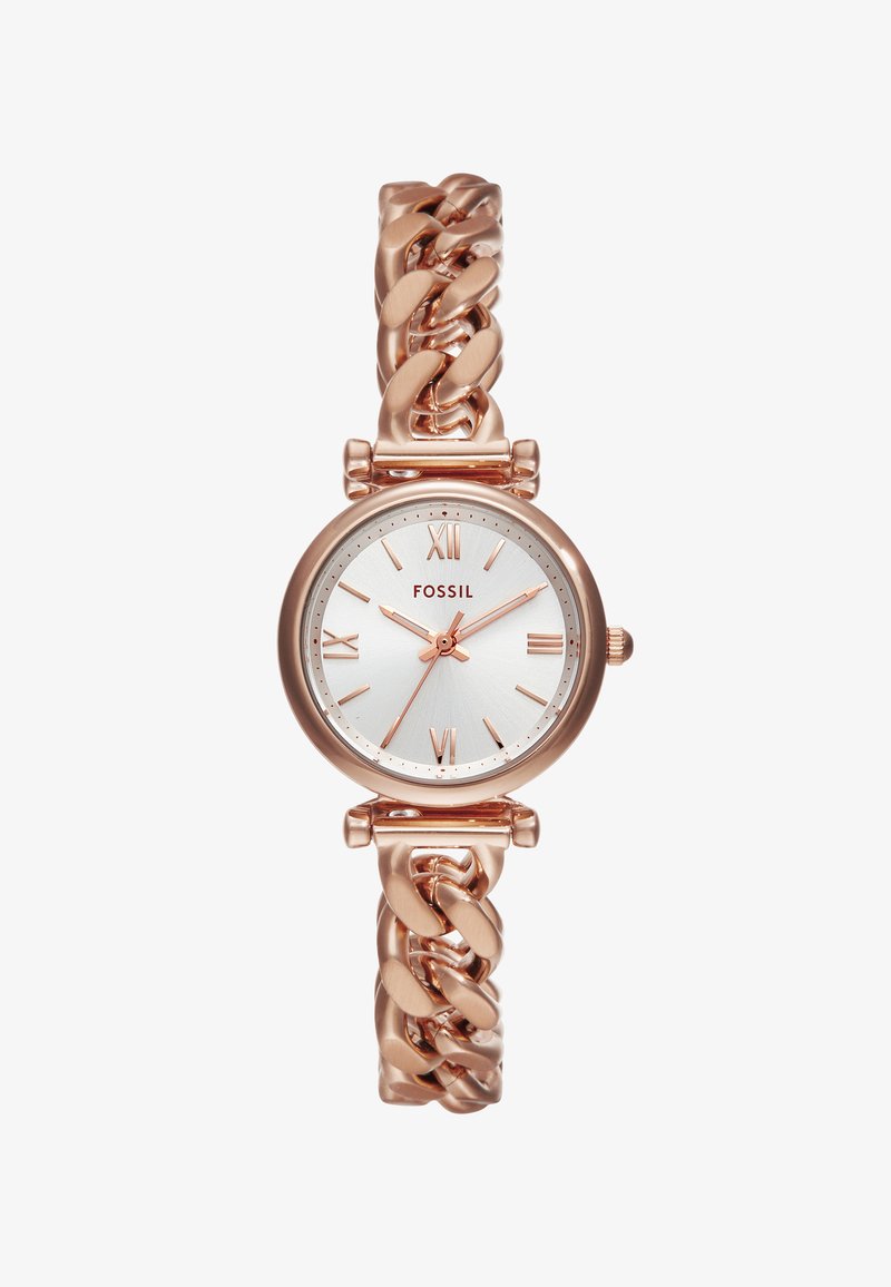 Roségoldene Metall-Uhr mit einem massiven Kettenglied-Armband. Runde weiße Ziffernblatt mit rosegoldenen Stundenmarkierungen und Markenlogo. Einfaches, elegantes Design.