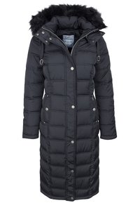 Lang sort dunjakke med pelsforet hætte, med quiltet tekstur, sølvknapper og sidelommer.