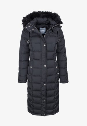 Lång svart vadderad jacka med pälsfodrad huva, med quiltad textur, silverknappar och sidofickor.