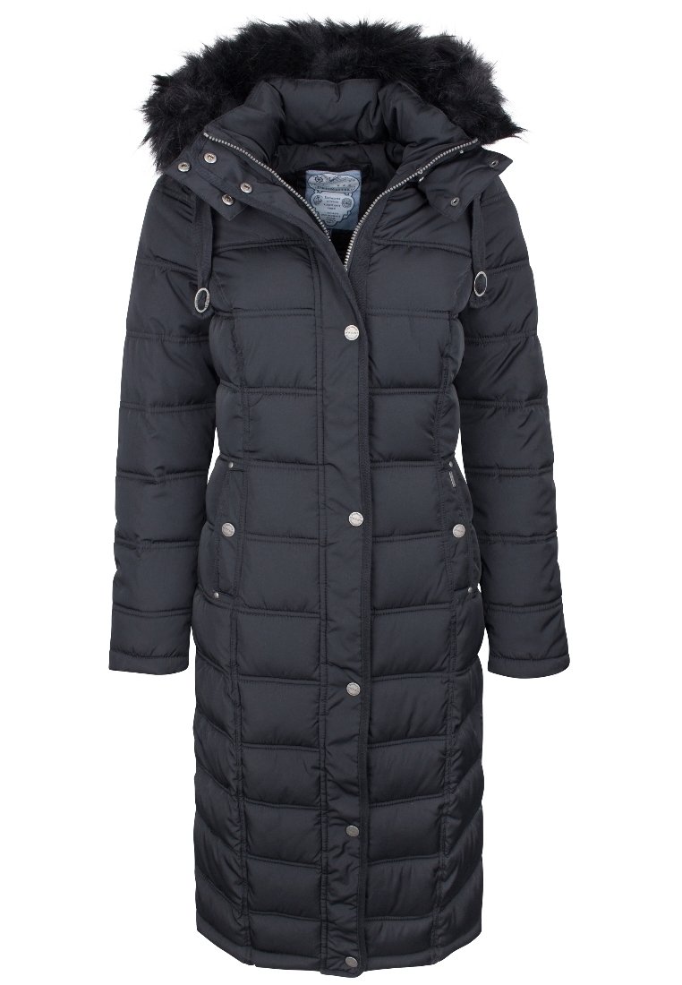 Lang sort dunjakke med pelsforet hætte, med quiltet tekstur, sølvknapper og sidelommer.