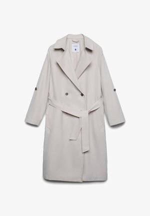 Beżowy płaszcz trencz wykonany z lekkiego materiału, z podwójnym zapięciem na guziki, paskiem w talii i zapinanymi na guziki mankietami. Posiada dwie boczne kieszenie.