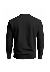 Black sweatshirt with a round neck, long sleeves, ribbed cuffs, and bottom hem. Smooth texture, no visible patterns or accents.