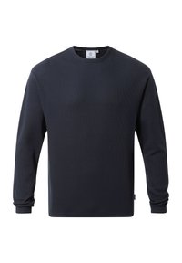 Dark navy long-sleeve thermal shirt with a round neckline, textured fabric, and a relaxed fit. Features a small logo tag on the hem.