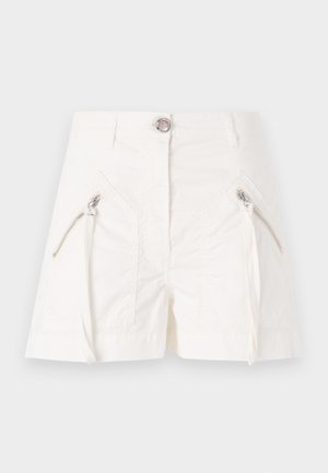 Pantaloni corti bianchi realizzati in tessuto leggero, dotati di due tasche frontali con zip argentate e chiusura con bottone. Design pulito e semplice.