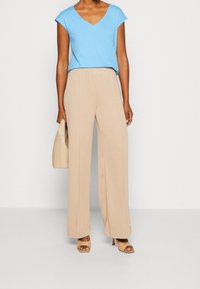 Světle modré tričko s výstřihem do V, spárované s béžovými kalhotami s širokými nohavicemi. Doplňky zahrnují béžovou kabelku. Boty jsou tanové s otevřenou špičkou.