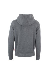 Grijze capuchontrui met een gestructureerde fleecestofafwerking. Voorzien van een kangoeroezak, geribde manchetten en branding op de halslijn.