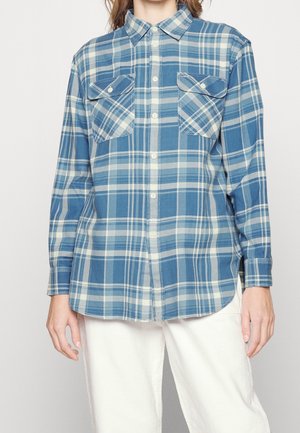 Osoba má na sobě modro-bílé kárované košili s dlouhým rukávem a dvěma zapnutými náprsními kapsami a bílé kalhoty.