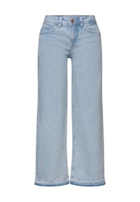 Jeans en denim bleu clair à jambes larges avec poches avant, passants de ceinture et fermeture par bouton en cuivre.