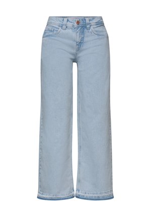 Jeans en denim bleu clair à jambes larges avec poches avant, passants de ceinture et fermeture par bouton en cuivre.