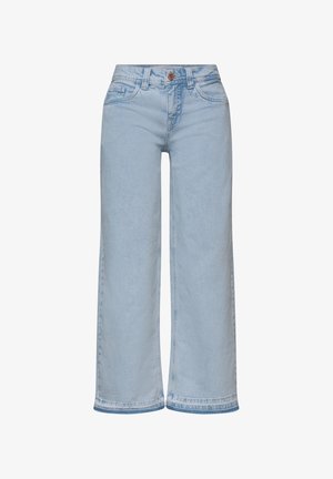 Jeans en denim bleu clair à jambes larges avec poches avant, passants de ceinture et fermeture par bouton en cuivre.