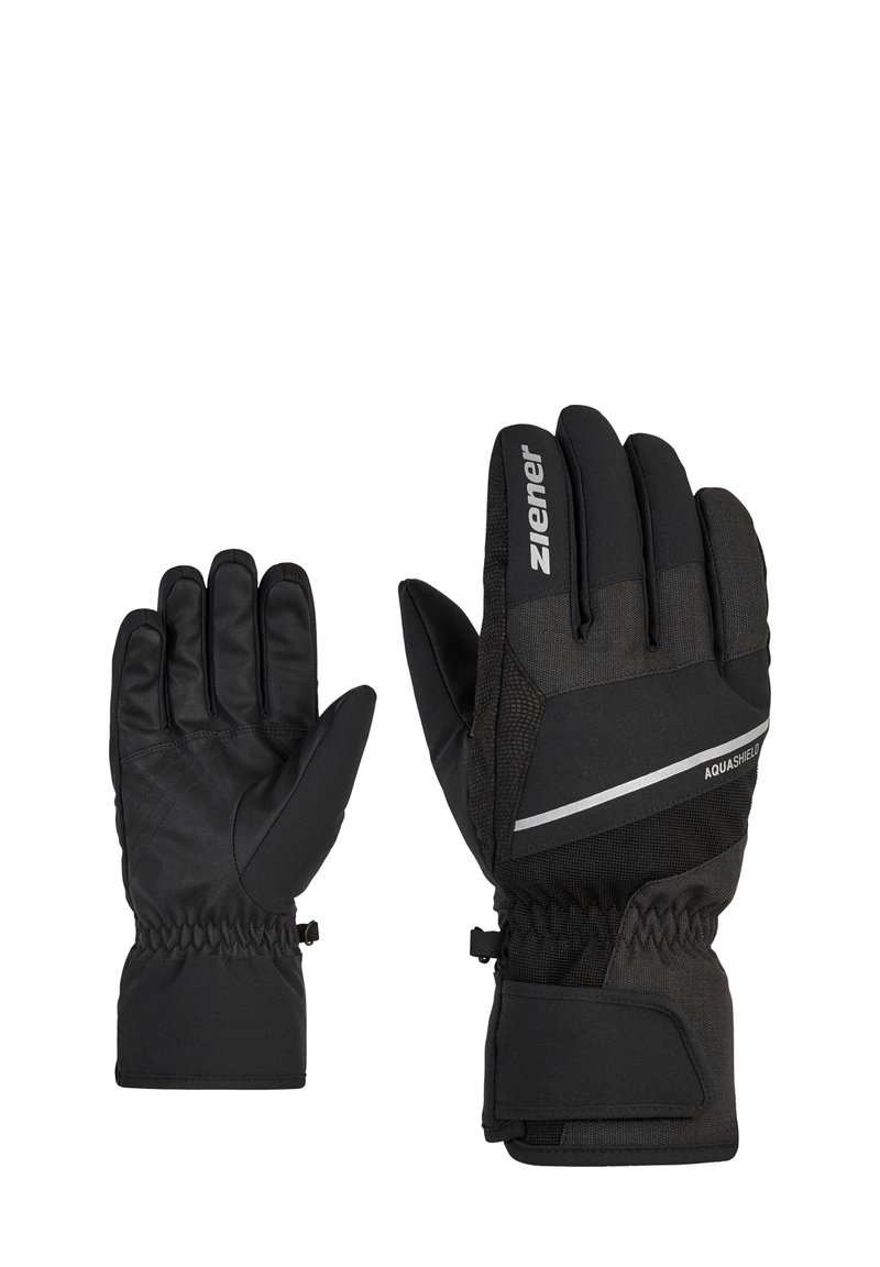 Black waterproof gloves featuring a textured grip, elastic cuffs, reflective accents, and a snug design for warmth and mobility.