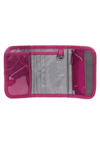 Reißverschluss-Wallet aus leuchtend pinkfarbigem Stoff mit transparentem Netz, Kartenfächern und einem Reißverschlussfach. Verfügt über ein gemustertes Innenfutter in Grau.