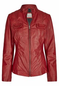 Rote Lederjacke mit Stehkragen, Reißverschluss vorne und zwei Brusttaschen. Verfügt über Nahtdetails und eine taillierte Silhouette.