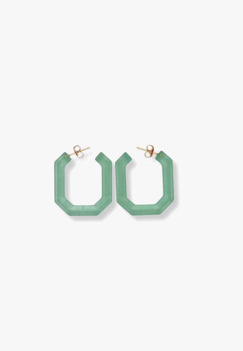 Green octagonal earrings made of translucent material with gold-tone hardware. Features sharp corners and a smooth surface texture.