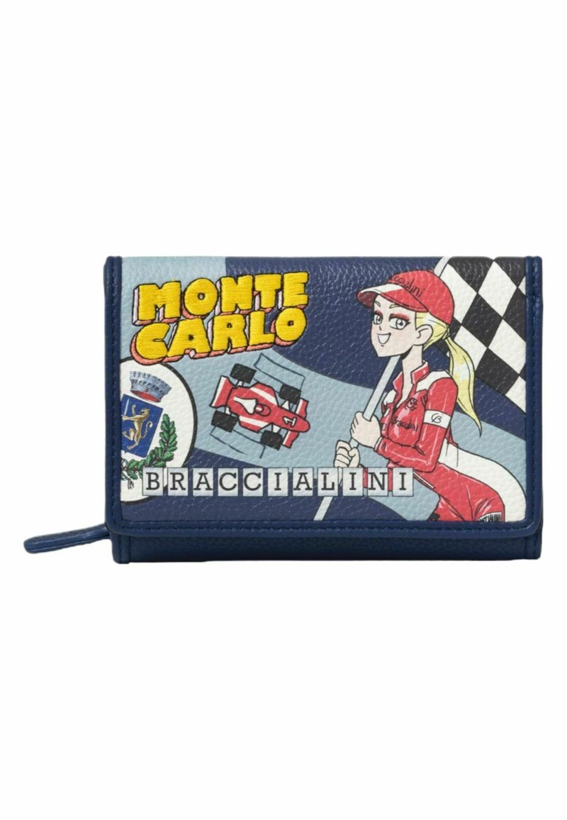 Blaue Geldbörse mit einer strukturierten Außenseite, die ein grafisches Design eines Rennmädchens, eines Rennwagens sowie den Schriftzug "MONTE CARLO" und "BRACCIALINI" zeigt.