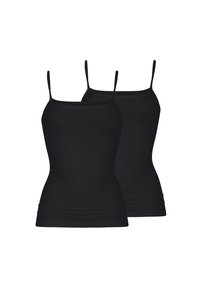 Top neri senza maniche con spalline sottili e regolabili. Realizzati in un tessuto liscio ed elastico, con un design aderente e senza motivi o dettagli visibili.