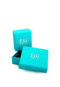 Türkise Schmuckschatulle, quadratische Form, mit einem weißen Logo "Elli we love jewels", mit abnehmbarem Deckel und strukturiertem Oberflächen.