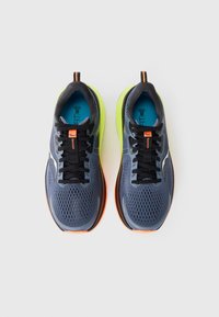 Pair of blue and black running shoes with neon yellow soles and orange accents, displayed from a top-down view on a white background.