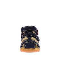 Blue and tan sandal with multiple Velcro straps, a rubber sole, and contrasting stitching details. Open-toe design for breathability.