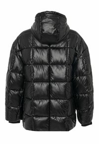 Schwarze Steppjacke mit glänzendem, gesteppte Oberfläche. Verfügt über eine Kapuze, eine oversized Passform und gerippte Bündchen. Glatte Textur, Blockmuster.