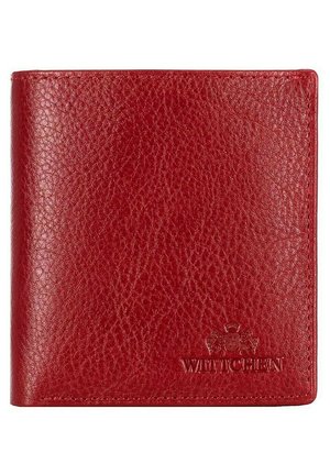 Rote Leder-Geldbörse mit strukturiertem Finish, im praktischen Bi-Fold-Design und geprägtem Logo. Verfügt über eine Nahtdetail entlang der Kanten.