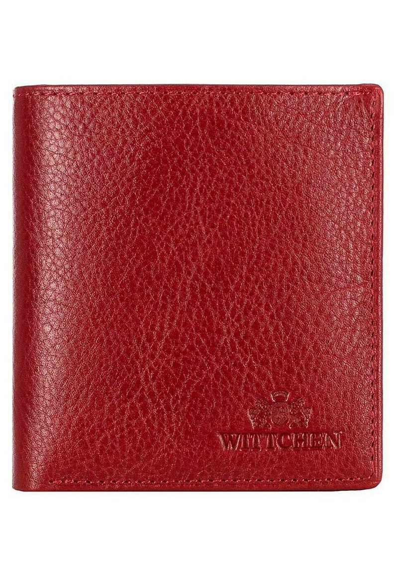 Rote Leder-Geldbörse mit strukturiertem Finish, im praktischen Bi-Fold-Design und geprägtem Logo. Verfügt über eine Nahtdetail entlang der Kanten.