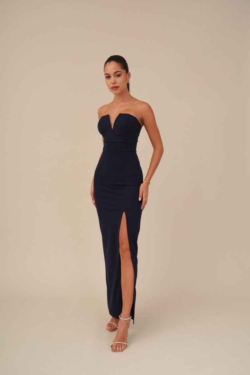 slim fit dress slacks Blaise Navy Satin Prom Dress - US 0 main image 0