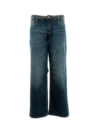 Blue denim wide-leg jeans with a faded wash, five-pocket design, and a zip fly with a button closure. Stitched accents on waistband.