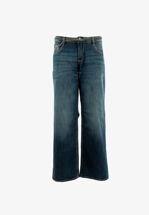 Blauwe denim wijde jeans met een vervaagde wassing, vijfzakkenontwerp en een ritssluiting met een knoopsluiting. Gestikte accenten op de tailleband.