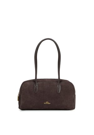 Sac à main rectangulaire marron foncé avec deux longues anses et logo WITTCHEN doré au centre devant.
