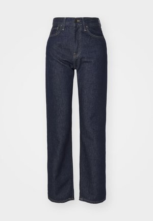 Dark blue denim high-waisted jeans with a straight leg design, visible stitching, five pockets, and a front button-fly closure.